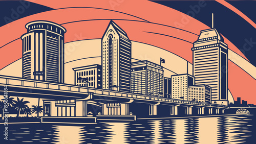 Downtown Skyline View with Elevated Bridge Crossing Water During Sunset or Sunrise Urban Landscape Art Style tampa skyline
