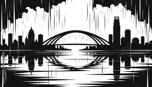 Dramatic Monochrome City Skyline Silhouette Featuring Arch Bridge Reflection Over Water During Heavy Downpour tampa skyline