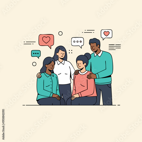 Diverse Group of Friends Socializing with Speech Bubbles.