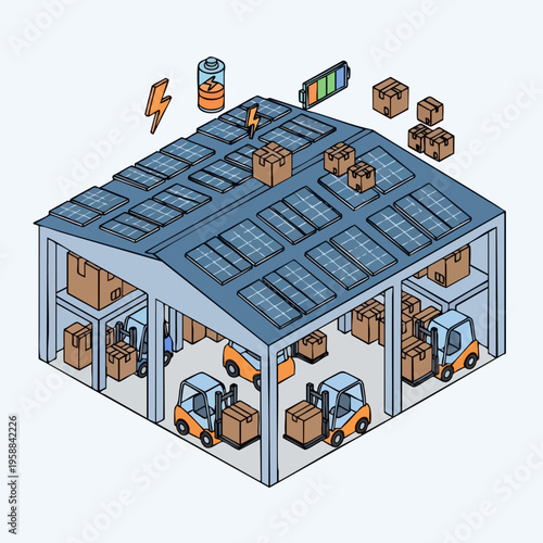 Eco-friendly Warehouse with Solar Panels and Forklifts.