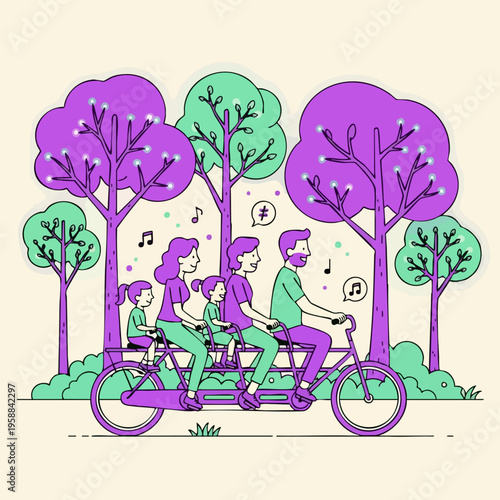 Family Riding Tandem Bike.