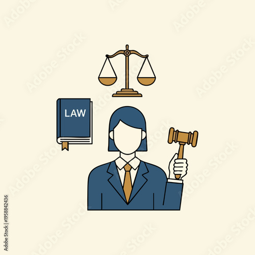 Female judge or lawyer with law book, gavel, and scales of justice.