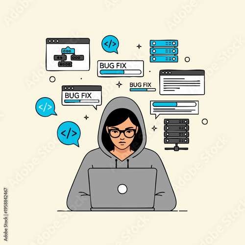 Female programmer fixing bugs on laptop with code and server icons.