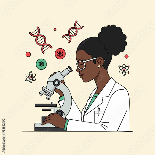 Female Scientist Using Microscope.