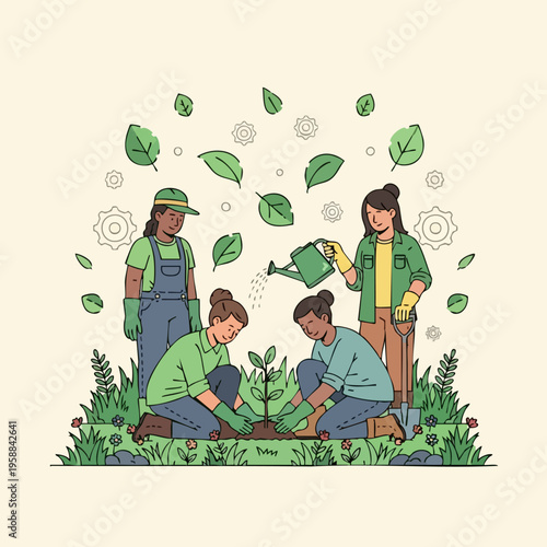 Group of diverse women planting a tree together, surrounded by green leaves and plants, symbolizing environmental care and community gardening.