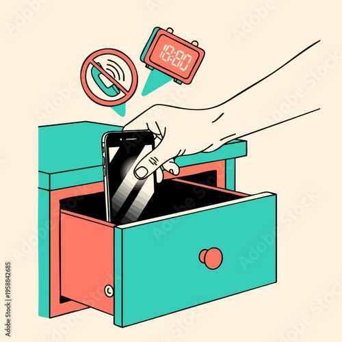 Hand putting phone in drawer.