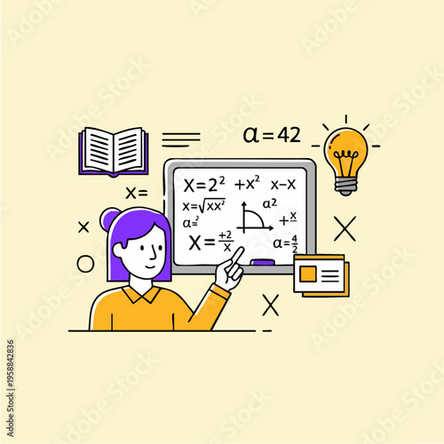 Illustration of a woman teaching mathematics with equations on a whiteboard.