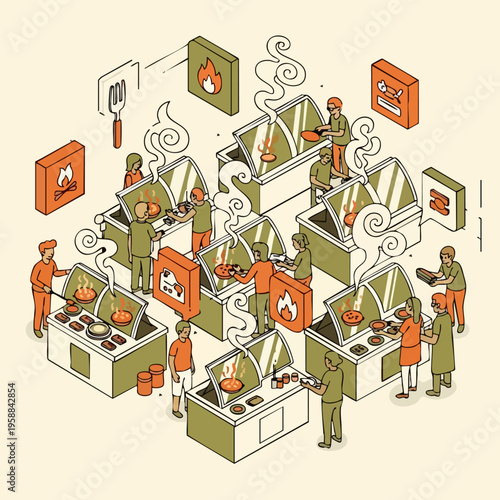 Isometric Illustration of a Busy Food Festival Kitchen Scene.