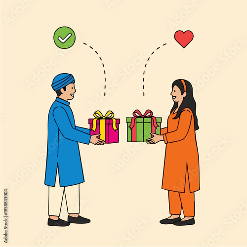 Man and woman exchanging gifts.
