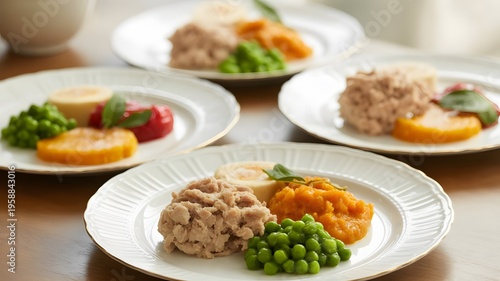 Several white plates are presenting pureed and soft foods, like peas, tuna, carrots, and potatoes, arranged for ease of swallowing for elderly individuals.