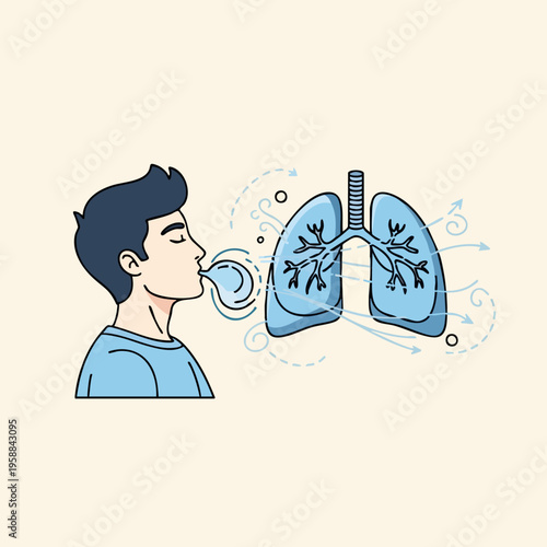 Man Breathing into Lung Illustration.