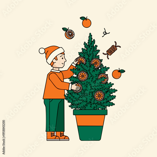 Man Decorating Christmas Tree Ornaments.