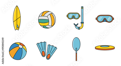 Beach icon set includes various summer items for water sports and activities.