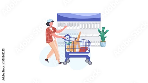 Grocery store worker stocking supplies while pushing shopping cart in supermarket aisle illustration