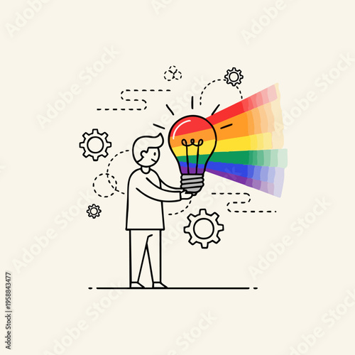 Man holding lightbulb with rainbow.