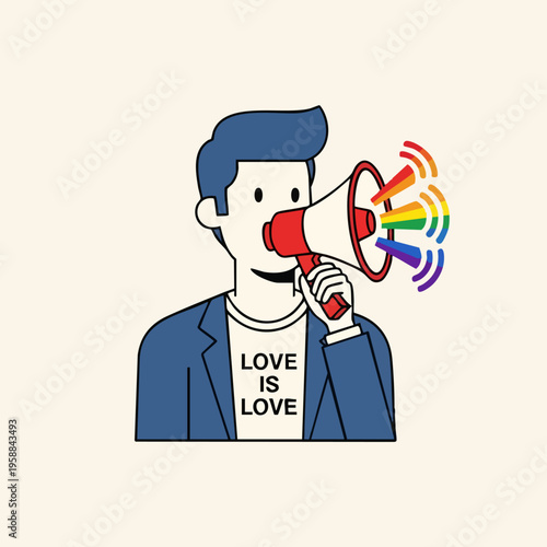 Man holding megaphone with rainbow.