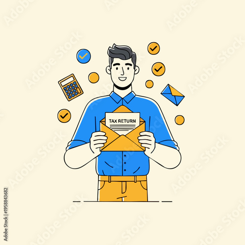 Man holding tax return envelope with financial icons.