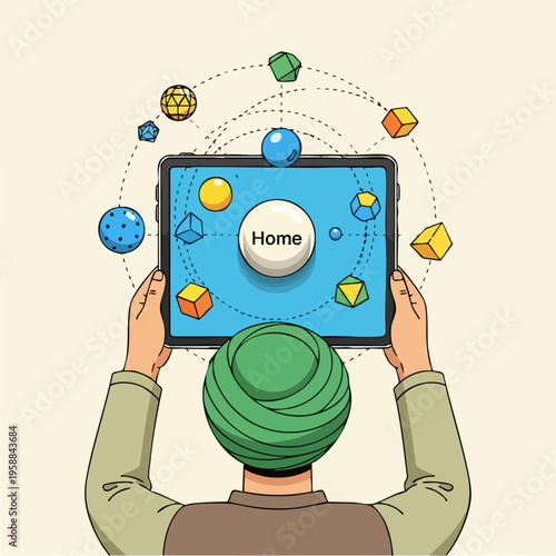 Man holding tablet with graphics.