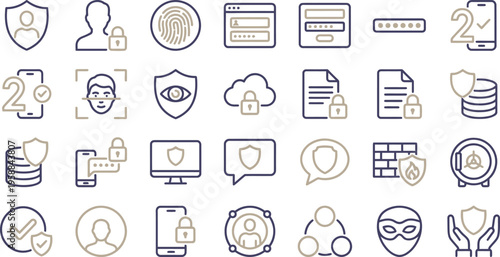A comprehensive set of two-tone line icons depicting various aspects of digital cybersecurity and data protection.