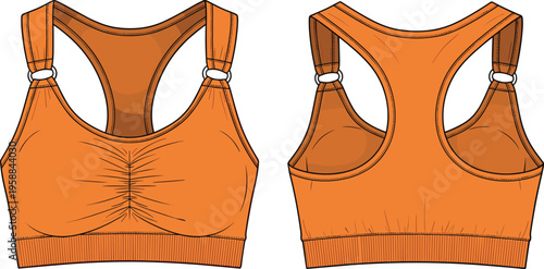 Detailed fashion illustration of orange sports bra front and back views featuring racerback design, wide straps, ring connectors, ruched center seam, and supportive elastic band construction.