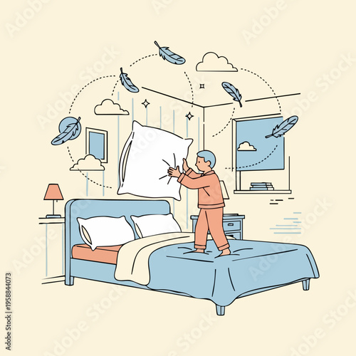 Man throwing pillow in bedroom.