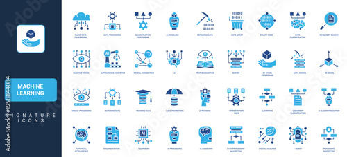 Machine learning, automatic data classification and mining, AI assistant glyph icon set. Artificial intelligence model, document processing, server solid symbols vector illustration
