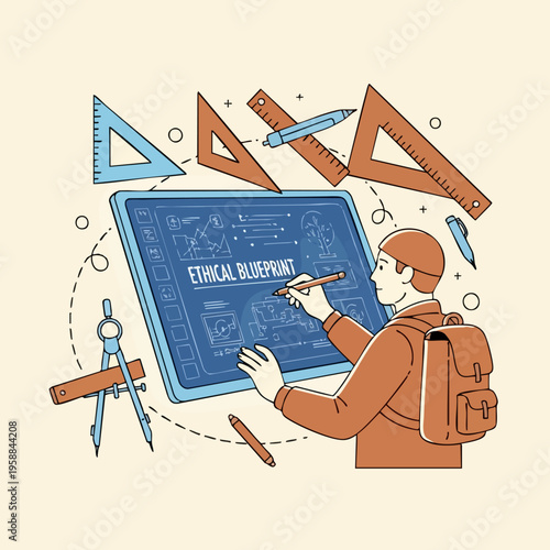 Man with ethical blueprint drawing.