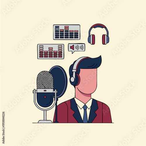 Man with headphones and microphone recording audio.