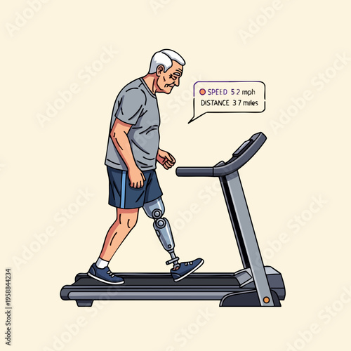 Man with prosthetic leg on treadmill.