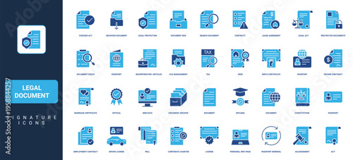 Legal document, paper contract of agreement and diploma, patent, license glyph icon set. Birth certificate and passport, legal stamp and form solid symbols vector illustration
