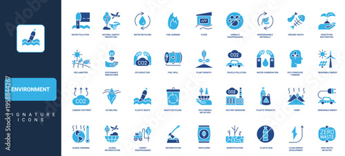 Environment problem and solution to save ecology of planet Earth glyph icon set. Treatment of air and water pollution, CO2 reduction, forest and animal care thin black red symbols vector illustration