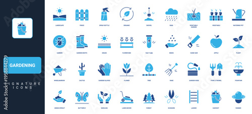 Gardening, agriculture equipment and florist tools, farming and plant cultivation glyph icon set. Vegetable garden, landscaping, harvest care solid symbols vector illustration