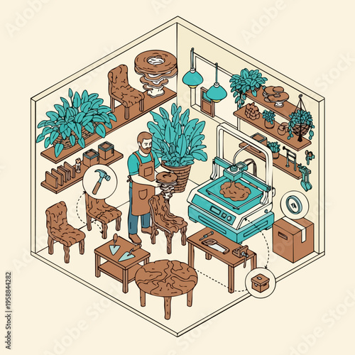 Man working in a furniture repair shop with plants and tools.