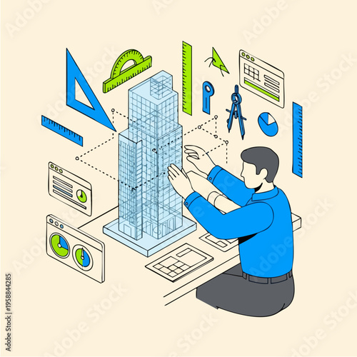 Man working on blueprints architecture.