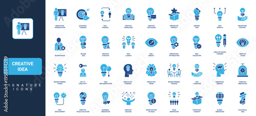 Creative idea, new project presentation, launch and development, optimization glyph icon set. Light bulb and puzzle, brain with innovation mindset solid symbols vector illustration