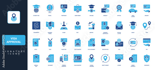 Visa migration approval, work and student grant, foreign travel documents registration, insurance glyph icon set. Fingerprint scan, approved status, fee solid symbols vector illustration
