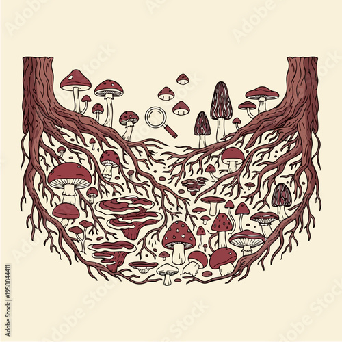 Mushroom foraging illustration with tree roots and various fungi.