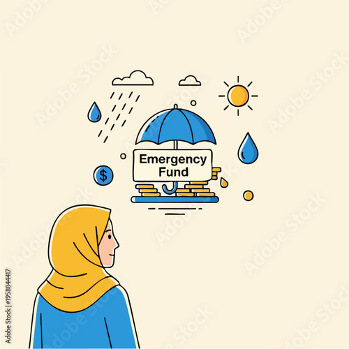 Muslim woman looking at emergency fund concept with umbrella and money.