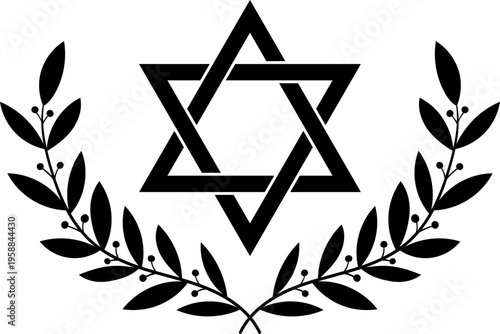Black Star of David with intertwined laurel branches, abstract decorative vector on transparent background