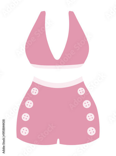 Bikini, two piece swimsuit, retro pink swimming suit with shorts illustration isolated. Woman beachwear. Summer holidays, resort, pool, water sport. Flat design, clip art element, hand drawn vector