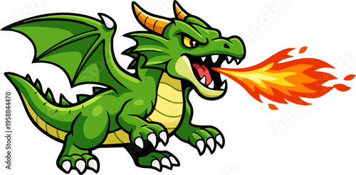 Cartoon Green Dragon Breathing Fire with Wings Horns Claws and Angry Expression