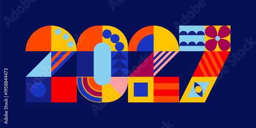 2027 New Year design with abstract geometric pattern. Vintage, retro decorative shapes, bright colors element, tiles on grid. Holiday typography. Vector illustration on blue background, backdrop