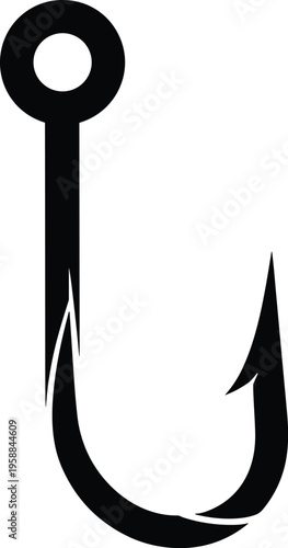 Black silhouette illustration of fish hook with circular eye, straight shank, curved bend, sharp barb point, symbolizing fishing, baiting, attraction, and design element for creative use.