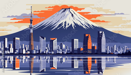Iconic Japanese Landscape Featuring Mount Fuji Tower and Modern City Skyline Reflected in Water at Sunset tokyo skyline