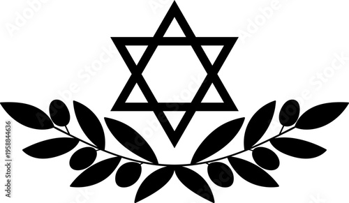 Black Star of David (Magen David) with decorative olive branches, isolated vector illustration on transparent background