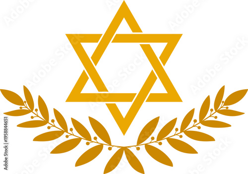 Gold Star of David (Magen David) with decorative laurel branches, isolated vector illustration on transparent background
