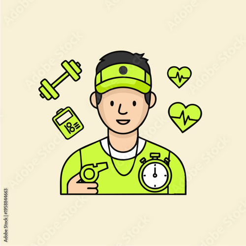 Personal Trainer with Fitness Equipment and Health Icons.
