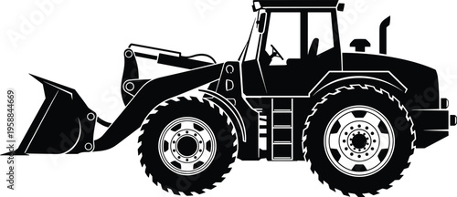 Black and white silhouette illustration of front‑end loader construction equipment with bucket, wheels, cab, hydraulic arm, and heavy machinery design reference for engineering, .