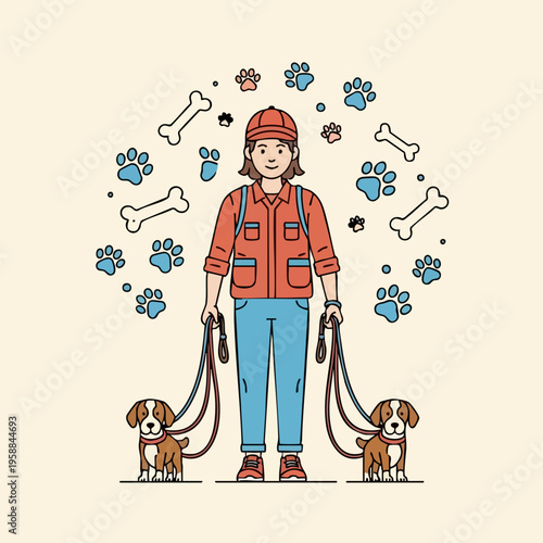 Professional dog walker with two small dogs on leashes, surrounded by paw prints and bones.