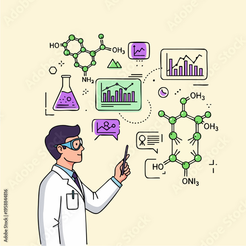 Scientist in lab coat analyzing.